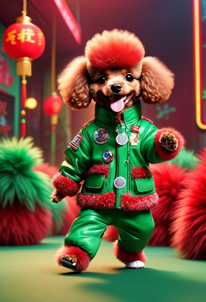 A poodle puppy from space、Laughing and dancing in Chinese red and green furs，Extremely funny hip hop，punk，,Concept Design, Character Table