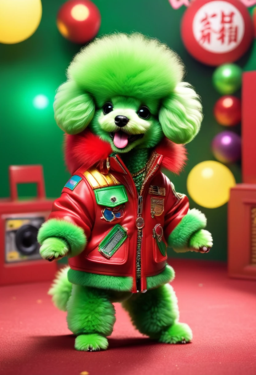 A poodle puppy from space、Laughing and dancing in Chinese red and green furs，Extremely funny hip hop，punk，,Concept Design, Character Table