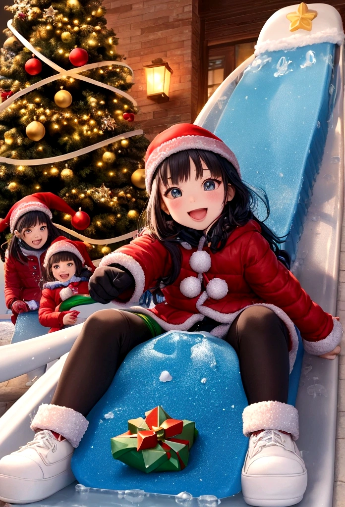 cheerful children sledding down an ice slide. Christmas tree sparkles with colorful toys.