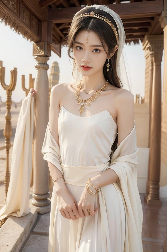 (((best quality))),(((ultra detailed))),(((masterpiece))),illustration,1girl, solo,princess, Arabic,slim,thin, ((palace, desert)),gold, gemstones,headscarf, veil on face,white sheer traditional clothing, hairband, deep eyes, elegant face, subtle smile,earrings,necklace,bare legs,sunlight, shining, serene, environment,day scene,out door,standing,from front,((small breasts,flat chest,arms behind back))