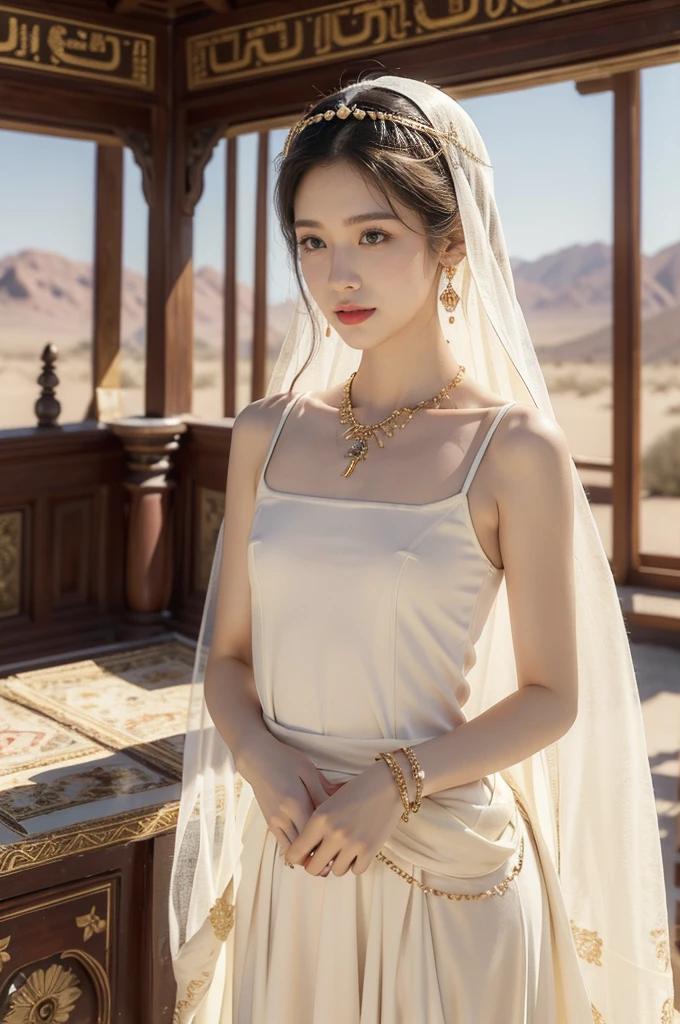 (((best quality))),(((ultra detailed))),(((masterpiece))),illustration,1girl, solo,princess, Arabic,slim,thin, ((palace, desert)),gold, gemstones,headscarf, veil on face,white sheer traditional clothing, hairband, deep eyes, elegant face, subtle smile,earrings,necklace,bare legs,sunlight, shining, serene, environment,day scene,out door,standing,from front,((small breasts,flat chest,arms behind back))