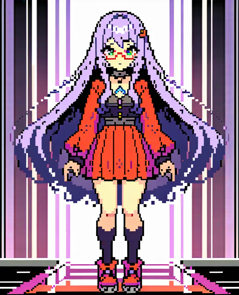 One girl, difficult, Pixel art,(masterpiece, Highest quality), (Absurd), (Ultra-detailed, 8K, Ultra-high resolution:1.2),(((Purple long hair))),(Red round glasses),(Green Eyes),Pleated skirt,Knee socks,Blue diamond-shaped hair ornament,yuki izumi,HEAVEN BURNS RED,