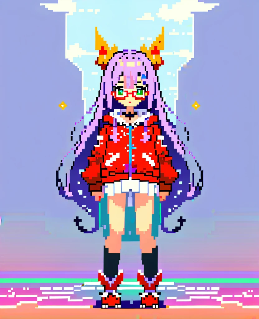One girl, difficult, Pixel art,(masterpiece, Highest quality), (Absurd), (Ultra-detailed, 8K, Ultra-high resolution:1.2),(((Purple long hair))),(Red round glasses),(Green Eyes),Pleated skirt,Knee socks,Blue diamond-shaped hair ornament,yuki izumi,HEAVEN BURNS RED,