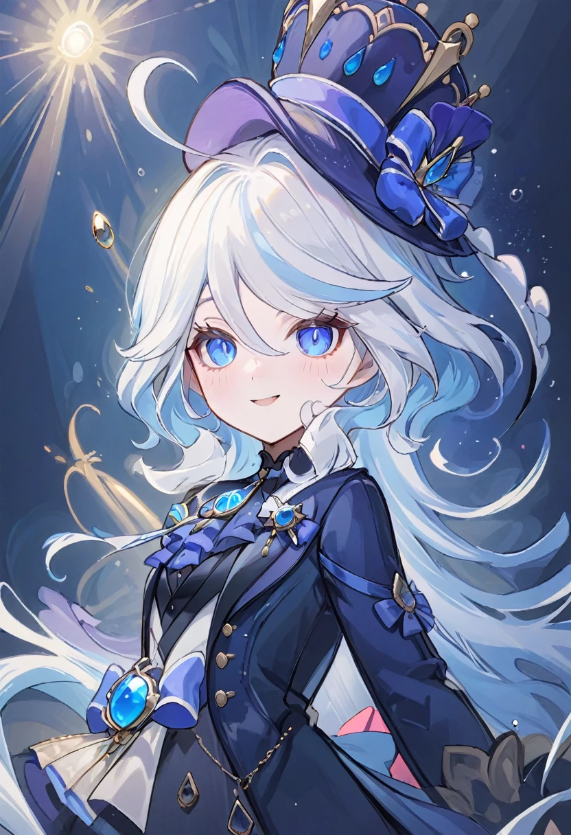 furina,1girl, blue eyes, solo, hat, long hair, looking at viewer, smile, blue hair, bangs, bubble, hair between eyes, white hair, , closed mouth, crown, multicolored hair, air bubble, light rays, ribbon, virtual youtuber, gem(best quality), ((masterpiece)), (highres), (an extremely delicate and beautiful), plaid clothes