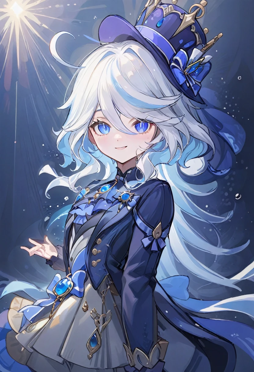 furina,1girl, blue eyes, solo, hat, long hair, looking at viewer, smile, blue hair, bangs, bubble, hair between eyes, white hair, , closed mouth, crown, multicolored hair, air bubble, light rays, ribbon, virtual youtuber, gem(best quality), ((masterpiece)), (highres), (an extremely delicate and beautiful), plaid clothes