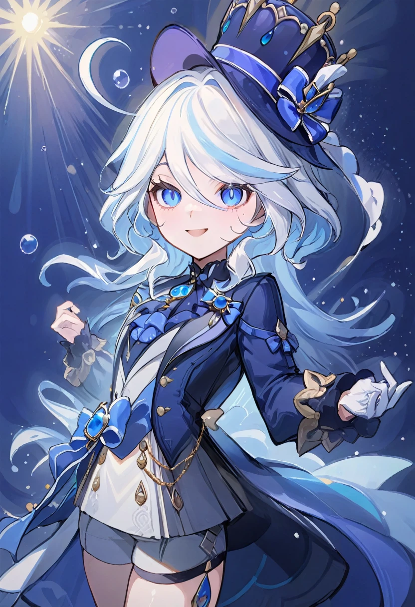 furina,1girl, blue eyes, solo, hat, long hair, looking at viewer, smile, blue hair, bangs, bubble, hair between eyes, white hair, , closed mouth, crown, multicolored hair, air bubble, light rays, ribbon, virtual youtuber, gem(best quality), ((masterpiece)), (highres), (an extremely delicate and beautiful), plaid clothes