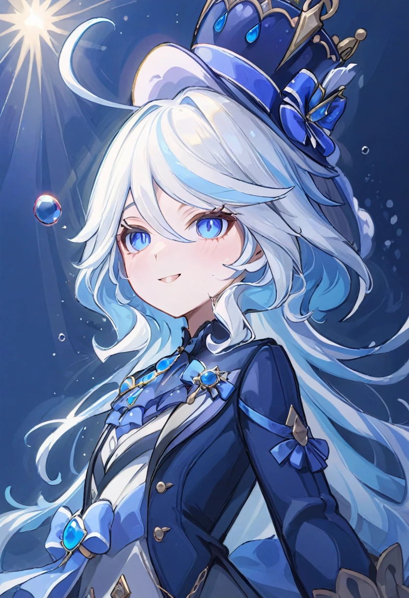 furina,1girl, blue eyes, solo, hat, long hair, looking at viewer, smile, blue hair, bangs, bubble, hair between eyes, white hair, , closed mouth, crown, multicolored hair, air bubble, light rays, ribbon, virtual youtuber, gem(best quality), ((masterpiece)), (highres), (an extremely delicate and beautiful), plaid clothes