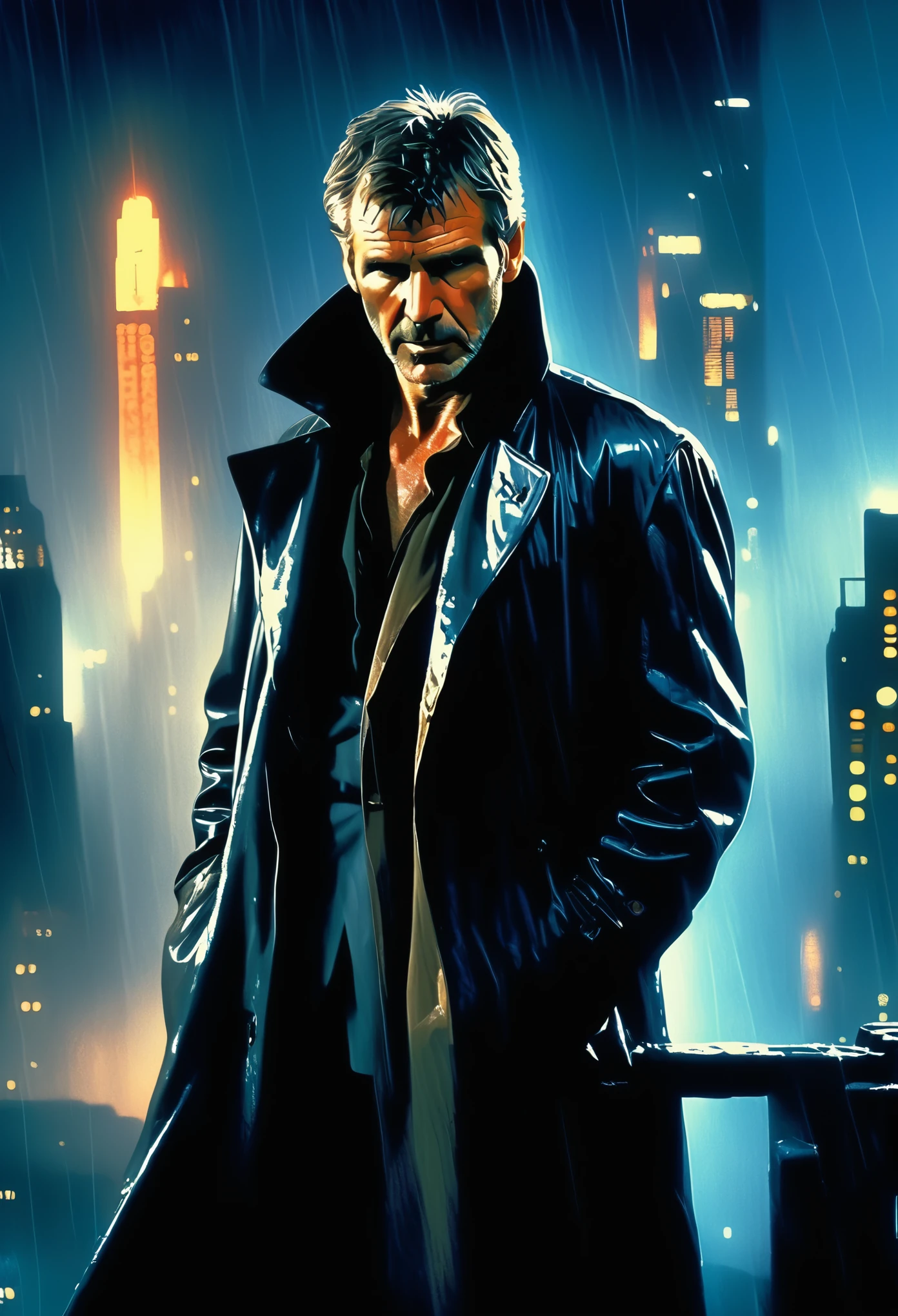 (Hyper-realistic photograph:1.4), Captivating scene under the rain at night on a rooftop, Featuring (Rick Deckard from Blade Runner:1.4), (Young Harrison Ford:1.5), with short brown hair, three-quarters view, Black trench coat, looking at the viewer, with a dark rainy city landscape in background, blue eyes, photography style, (half-body shot:1.3), (contemplative expression:1.2),(well-lit:1.2) Extremely Realistic, serendipity art, (sharp focus:1.3), intricate details, highly detailed, by God himself, original shot, masterpiece, detailed and intricate, Movie Still, guttojugg1