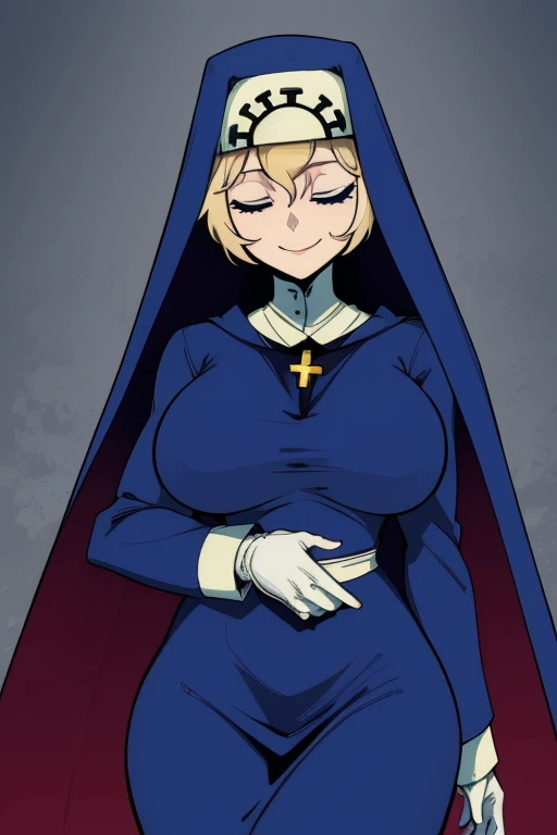 Double, short blonde hair, medium breasts, solo, smiling, cowboy shot, closed eyes,
blue habit, cross necklace ,long sleeves, cape, robe, cloak, white gloves, nun,
(insanely detailed, beautiful detailed face,beautiful detailed eyes, masterpiece, best quality