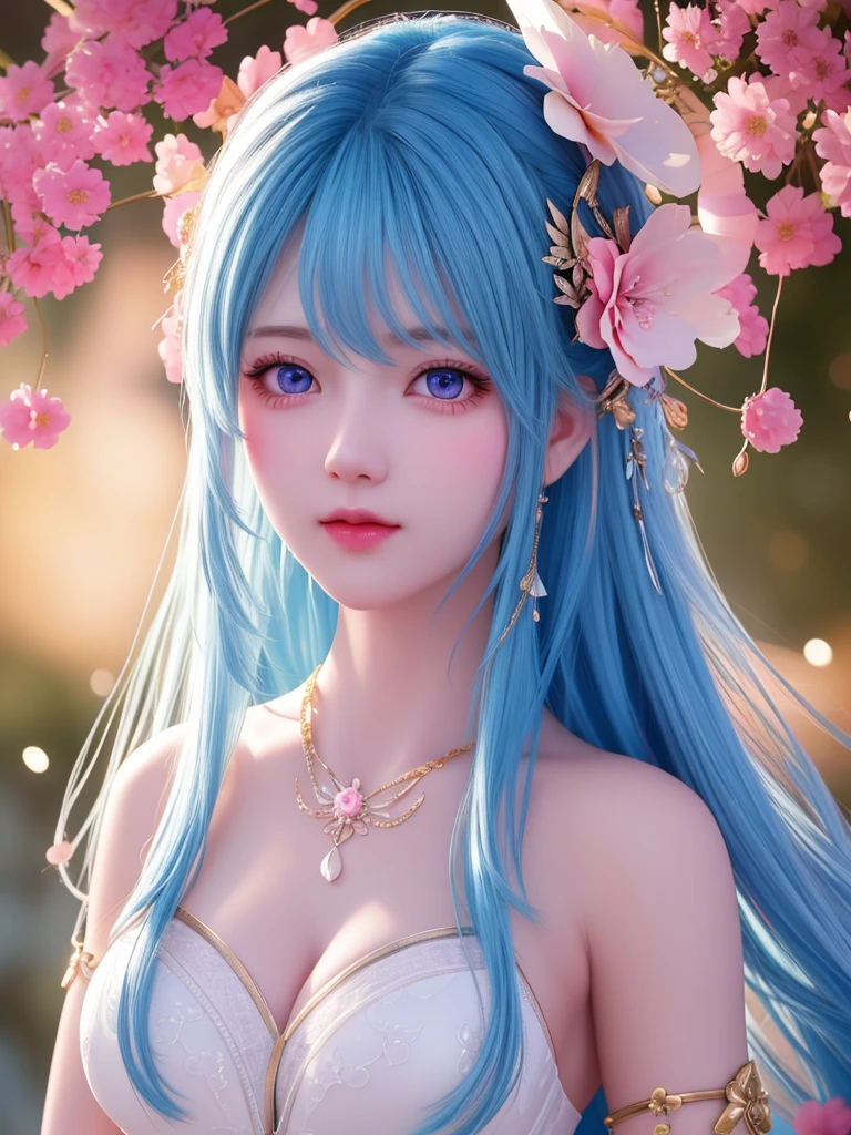 best quality, masterpiece, High target, There is a girl with a basket of flowers on her head, Big beauty,Very sexy,btiful clothes, Hair Decorationss, necklace, Decorations, Pretty Face, When the body, Tyndall effect, Realistic Portraits, Edge lighting, Two-color light, (Very delicate skin:1.2), 8K uhd, Digital SLR Camera, Soft Light, high quality, Volumetric Lighting, Honest, photo, high resolution, 4K, 8K, Bokeh, Blue hair,Pink Eyes.