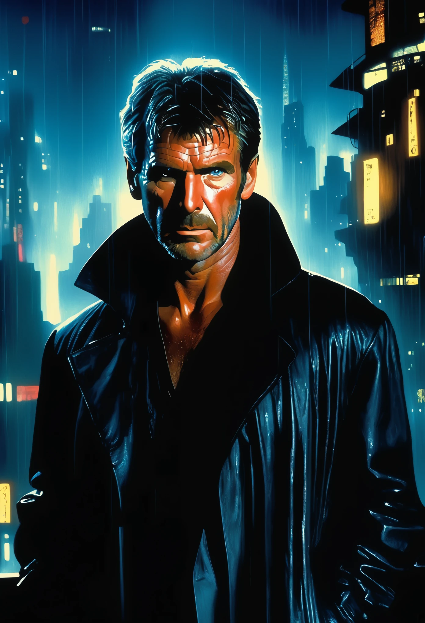 (Hyper-realistic photograph:1.4), Captivating scene under the rain at night on a rooftop, Featuring (Rick Deckard from Blade Runner:1.4), (Young Harrison Ford:1.5), with short brown hair, three-quarters view, Black trench coat, looking at the viewer, with a dark rainy city landscape in background, blue eyes, photography style, (half-body shot:1.3), (contemplative expression:1.2),(well-lit:1.2) Extremely Realistic, serendipity art, (sharp focus:1.3), intricate details, highly detailed, by God himself, original shot, masterpiece, detailed and intricate, Movie Still, guttojugg1