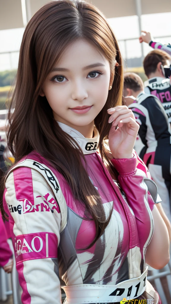 masterpiece, Highest quality, Realistic, Highly detailed CG integrates 8K, 8K,(Very beautiful face, Beautiful Lips, Beautiful Eyes), Exquisitely detailed face,1 Girl, Very beautiful girl,Exquisite eye makeup,Subtle eye detail,The best example of four fingers and one thumb,Toned figure,Nice and beautiful smile,明るいLong Hair,transparent, Quality hair,(masterpiece, Highest quality:1.2),alone,The eyes are exquisite and delicate,Brown Hair、Long Hair、Pink Lips,blue eyes,Big Breasts、Wavy Hair、(((Race Queen:1.5)))、Japanese