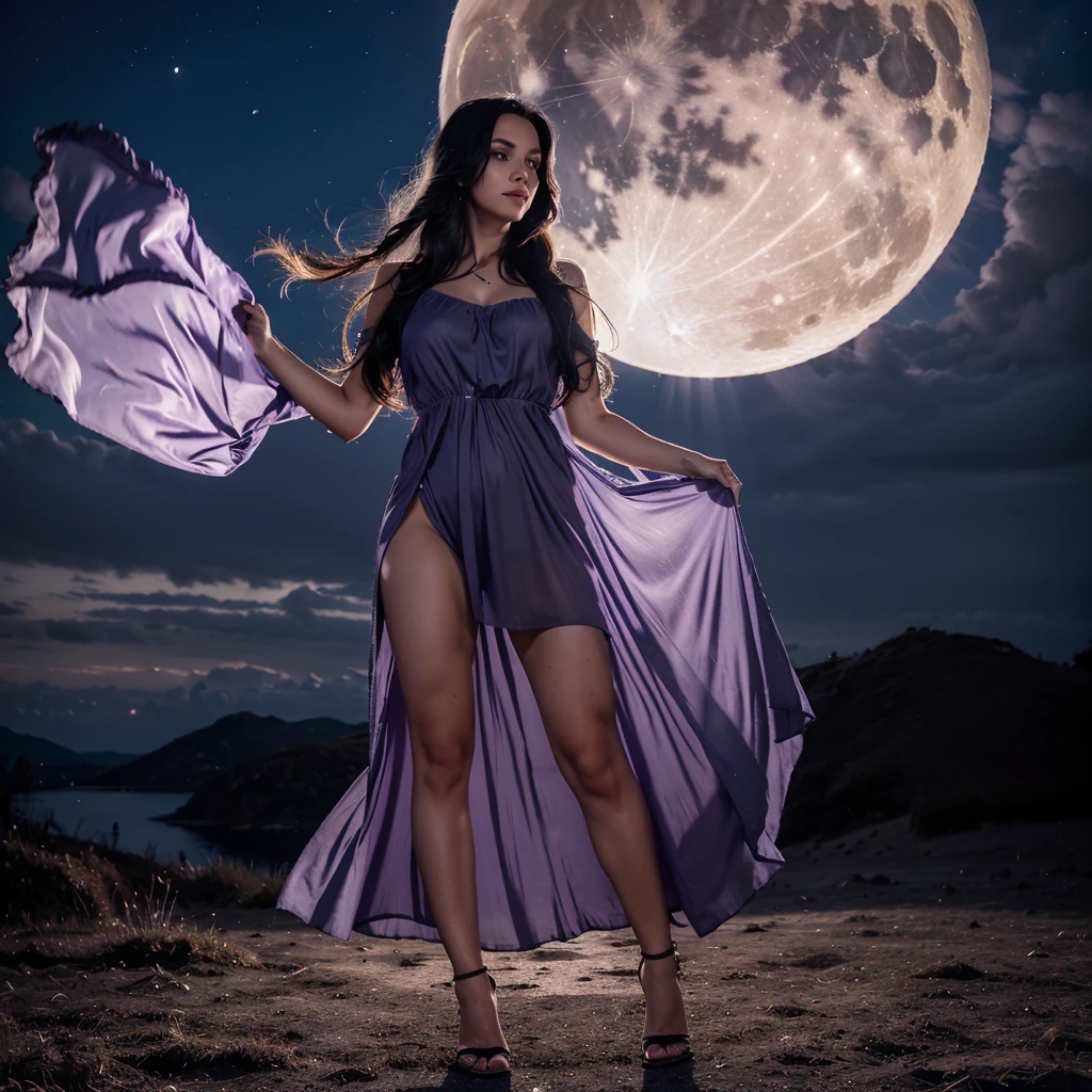 [[Lili.v2]], a woman standing in front of a full moon with a sky background, in front of a big moon, the moon presence, giant moon, (Foto realism: 1.4), (hyper realisitc: 1.4), (actual: 1.3), (gentlesoftlighting: 1.05), cinematic, beautiful lady, 30 years old, walking toward the top of a mountain, night panoramic shot, full gigantic moon in the horizon, light purple dress, sexy long dress, semi-transparent dress, wind blowing the dress and her long black hair.