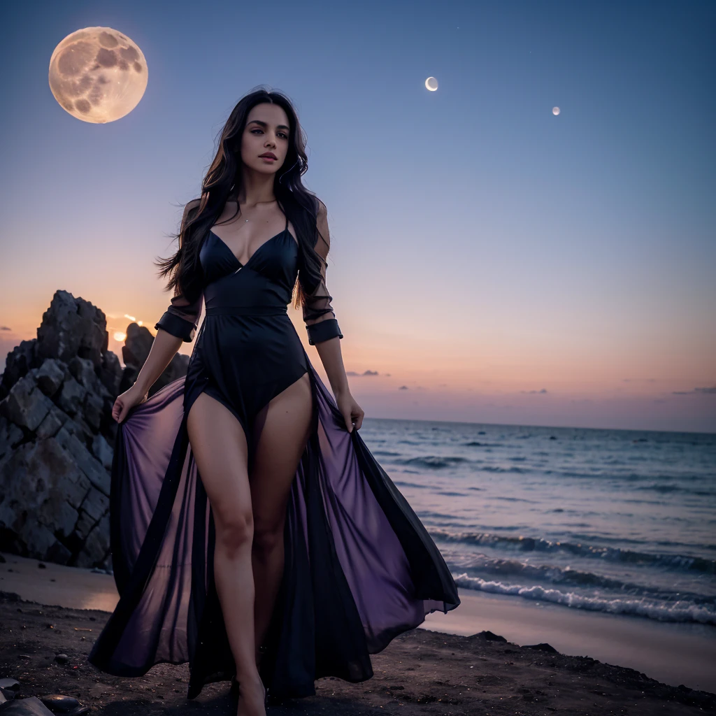 [[Lili.v2]], a woman standing in front of a full moon with a sky background, in front of a big moon, the moon presence, giant moon, (Foto realism: 1.4), (hyper realisitc: 1.4), (actual: 1.3), (gentlesoftlighting: 1.05), cinematic, beautiful lady, 30 years old, walking toward the top of a mountain, night panoramic shot, full gigantic moon in the horizon, light purple dress, sexy long dress, semi-transparent dress, wind blowing the dress and her long black hair.