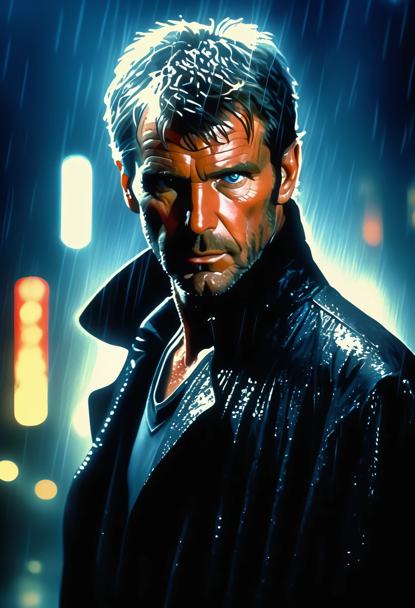 (Hyper-realistic photograph:1.4), Captivating scene under the rain at night on a rooftop, Featuring (Rick Deckard from Blade Runner:1.4), (Young Harrison Ford:1.5), with short brown hair, three-quarters view, Black trench coat, looking at the viewer, with a dark rainy city landscape in background, blue eyes, photography style, (half-body shot:1.3), (contemplative expression:1.2),(well-lit:1.2) Extremely Realistic, serendipity art, (sharp focus:1.3), intricate details, highly detailed, by God himself, original shot, masterpiece, detailed and intricate, Movie Still, guttojugg1