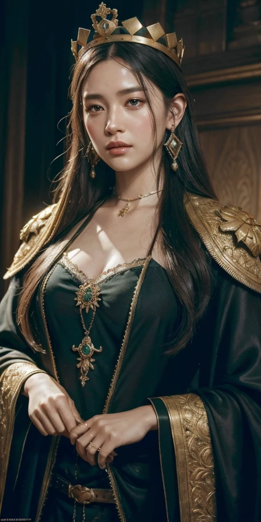 modelshoot style, (extremely detailed CG unity 8k wallpaper), full shot body photo of the most beautiful artwork in the world, medieval queen, green vale, dark skin, black woman, golden crown, diamonds, medieval architecture, professional majestic oil painting by Ed Blinkey, Atey Ghailan, Studio Ghibli, by Jeremy Mann, Greg Manchess, Antonio Moro, trending on ArtStation, trending on CGSociety, Intricate, High Detail, Sharp focus, dramatic, photorealistic painting art by midjourney and greg rutkowski