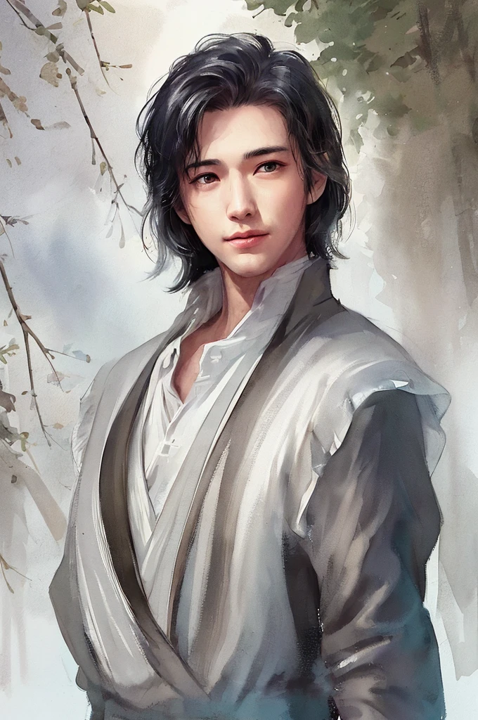 a very handsome man as if he came out of a men's shower gel advertisement, (wondering), shirt, active, on the street, crowdedstechu,(white background:1.4), ((tachi-e)), original,(illustration:1.1),(best quality),(masterpiece:1.1),(extremely detailed CG unity 8k wallpaper:1.1), (colorful:0.9),(panorama shot:1.4),(solo:1.2), (ink splashing),(color splashing),((watercolor)), clear sharp focus,{ 1man standing },((korean style )),flower background,outdoors,rocks, looking at viewer, make happy expressions,soft smile,pure, handsome detailed face and eyes, intricacy clothing decorative pattern details, black hair,black eyes,colorwater