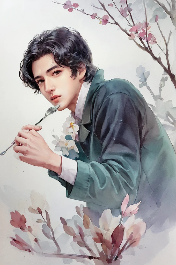 a very handsome man as if he came out of a men's shower gel advertisement, (wondering), shirt, active, on the street, crowdedstechu,(white background:1.4), ((tachi-e)), original,(illustration:1.1),(best quality),(masterpiece:1.1),(extremely detailed CG unity 8k wallpaper:1.1), (colorful:0.9),(panorama shot:1.4),(solo:1.2), (ink splashing),(color splashing),((watercolor)), clear sharp focus,{ 1man standing },((korean style )),flower background,outdoors,rocks, looking at viewer, make happy expressions,soft smile,pure, handsome detailed face and eyes, intricacy clothing decorative pattern details, black hair,black eyes,colorwater