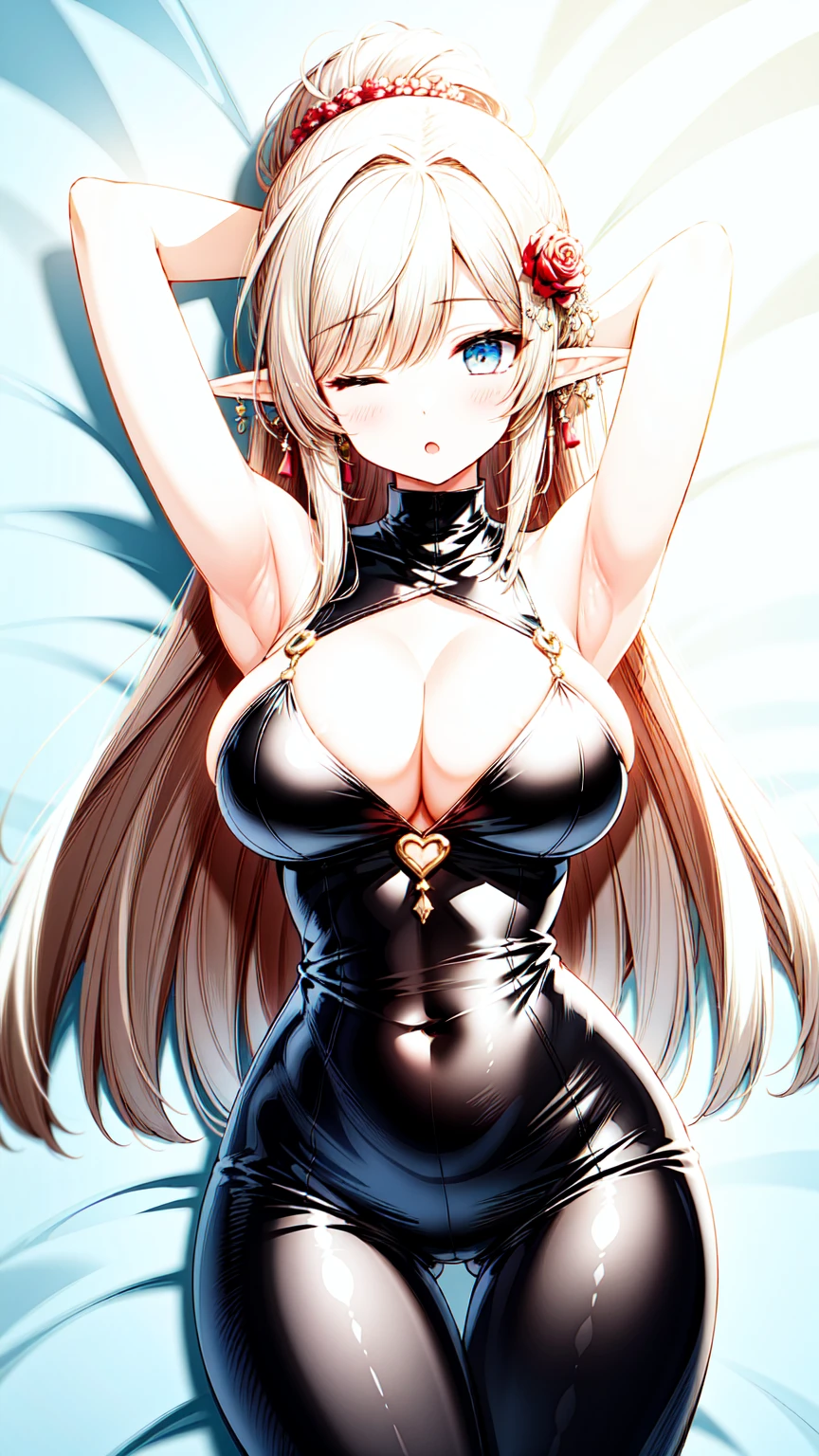 1girl, blue eyes, white hair, long hair, ponytail, elf, latex leotard, bridal, jewelry, hair ornament, large breasts, cleavage, hair flower, blush, ;o, one eyes closed, arm up, arm behind head, rose, lying, thigh gap, on bed