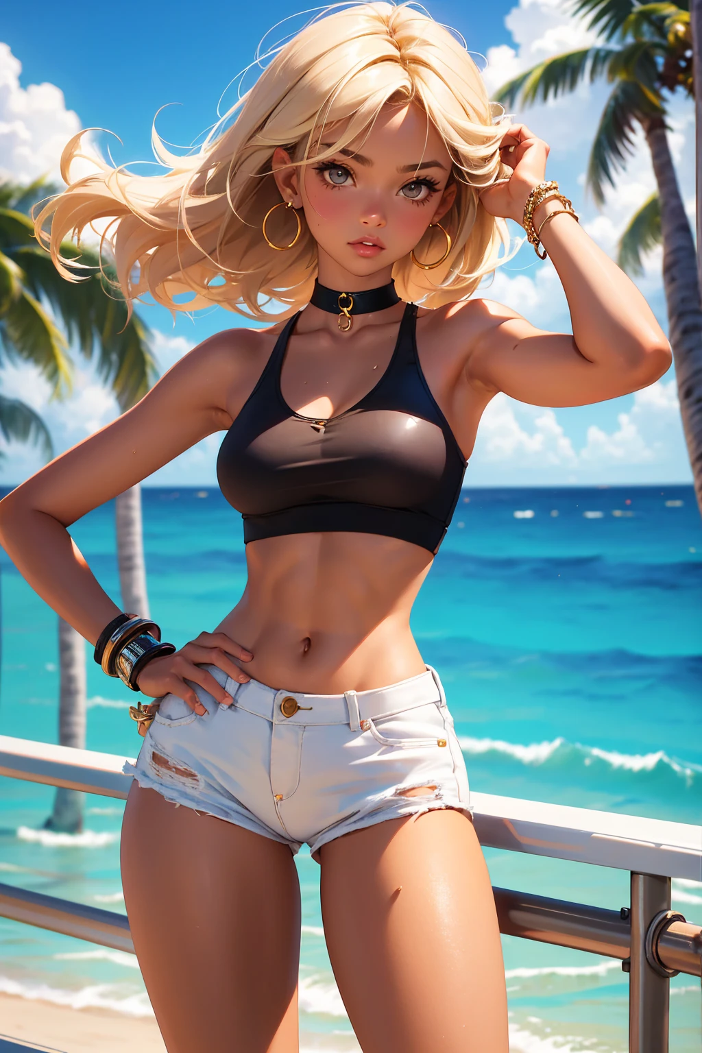 Teenage girl-model 18 years old, beautiful, too much tanned, blonde, bob hair, bangs, brown eyes, beautiful figure, girl wearing crop shirt and too short mini shorts, beautiful too much long legs, slave bracelets, slave choker, manicure, cute makeup, sweaty armpits, flirtatiously posing, hot summer, hot flirty, sexy posing, summer outfit, top quality, higest quality, pin-up style, retro 80s style, Daisy Dukes style, Miami vibes, Californian