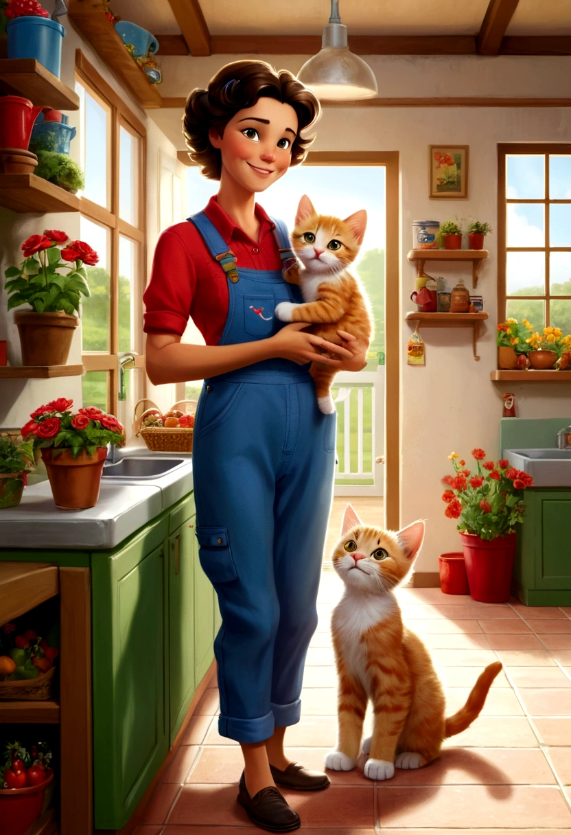 Leo, the kitten kitten, and his cat mother are standing in the living room of the small house. Leo está ao lado de sua mãe, both with a happy expression and wearing their characteristic clothes: Leo com seu pelo macio e branco à mostra, and his hot mom wearing red gardening overalls. Eles compartilham um momento de felicidade enquanto dividem as guloseimas que Leo trouxe do supermercado, showing the love and special bond between mother and .