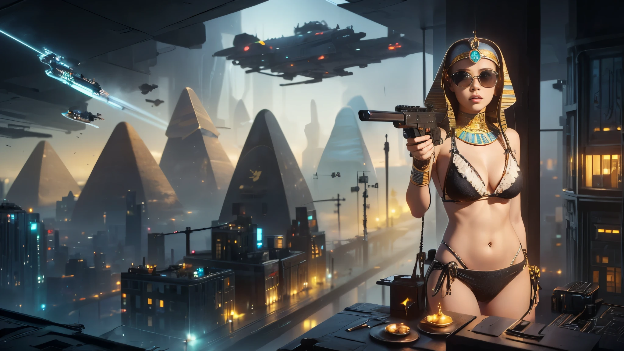 (((a medium-breast bikini slim GIRL with black micro sunglasses))), (((aiming at viewer with a pistol))), a balcony of a futuristic building, aerial view of an ultra-futuristic megalopolis, many metal buildings and houses in dark colors from dark blue to black, a cidade tem tons de cinza metal, has smoky metal structures , industrial environment with smoke and fog around, carros escuros nas ruas, desert megalopolis, trilhos e trens modernos de de metal passando estre as ruas da cidade, tall futuristic metal buildings, many ultra modern buildings around, (((an Egypt sphinx statue on the top of building))), realistic, detailed, sci-fi.
