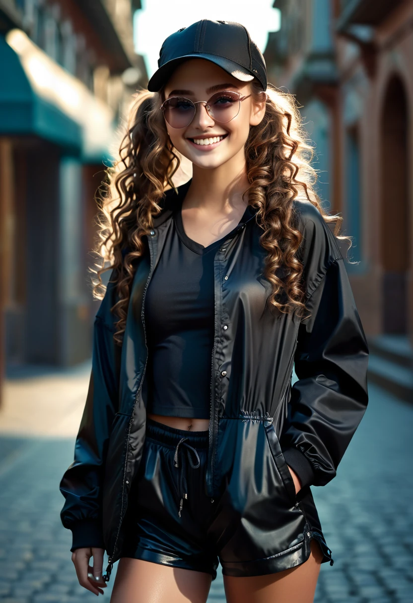 surreal main light brown hair, curly hair, ponytail, very long hair, aqua eyes, smile, Romanticism, cinematic lighting, uhd, masterpiece, anatomically correct beautiful girl wearing a handsome black long windbreaker, black denim shorts, baseball cap, sunglasses and long leather boots.Tall and bright, detailed texture description presents meaning