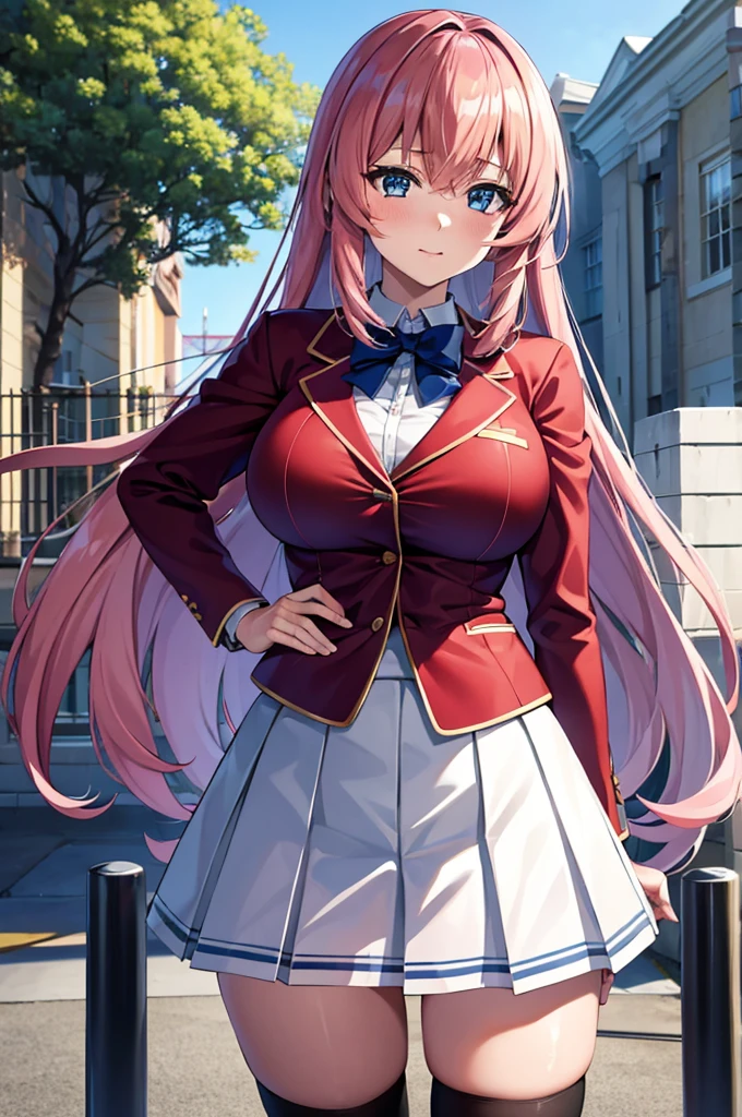 (8k, best quality, masterpiece,ultra detailed, ultra high res:1.2), (anime keyvisual:0.9),
1girl,
Ichinose honami,
Ichinose honami \(youjitsu\),
long hair,
pink hair,
blue eyes,
blue bow,
large breasts,
, red jacket, long sleeves, white skirt, pleated skirt, black calf socks,
looking at viewer,
cowboy shot,
perfect light, background of outdoor, school building,