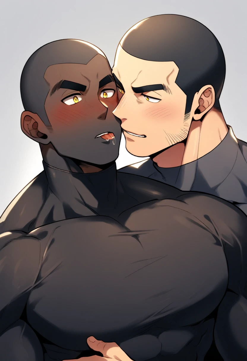 anime characters:Two superheroes in tights, Muscle superhero,Buzz Cut, ????? black skin, They hugged and kissed each other, Bite your neck, Caress, Manliness, male focus, Yellow and black high collar long sleeve tight T-shirt, Slightly transparent material, Very tight, Round, full and perky chest muscles, Male dog waist, Slightly transparent, muscular male, muscular, only, Upper body, alone, Buzz Cut, Thick eyebrows, stubble, Yellow eyes, Grey background, simple background, amazing quality, best aesthetics, Ridiculous, bright pupils, crew cut, parted lips, torogao, naughty face, blush, saliva trail, drop shadow, best quality