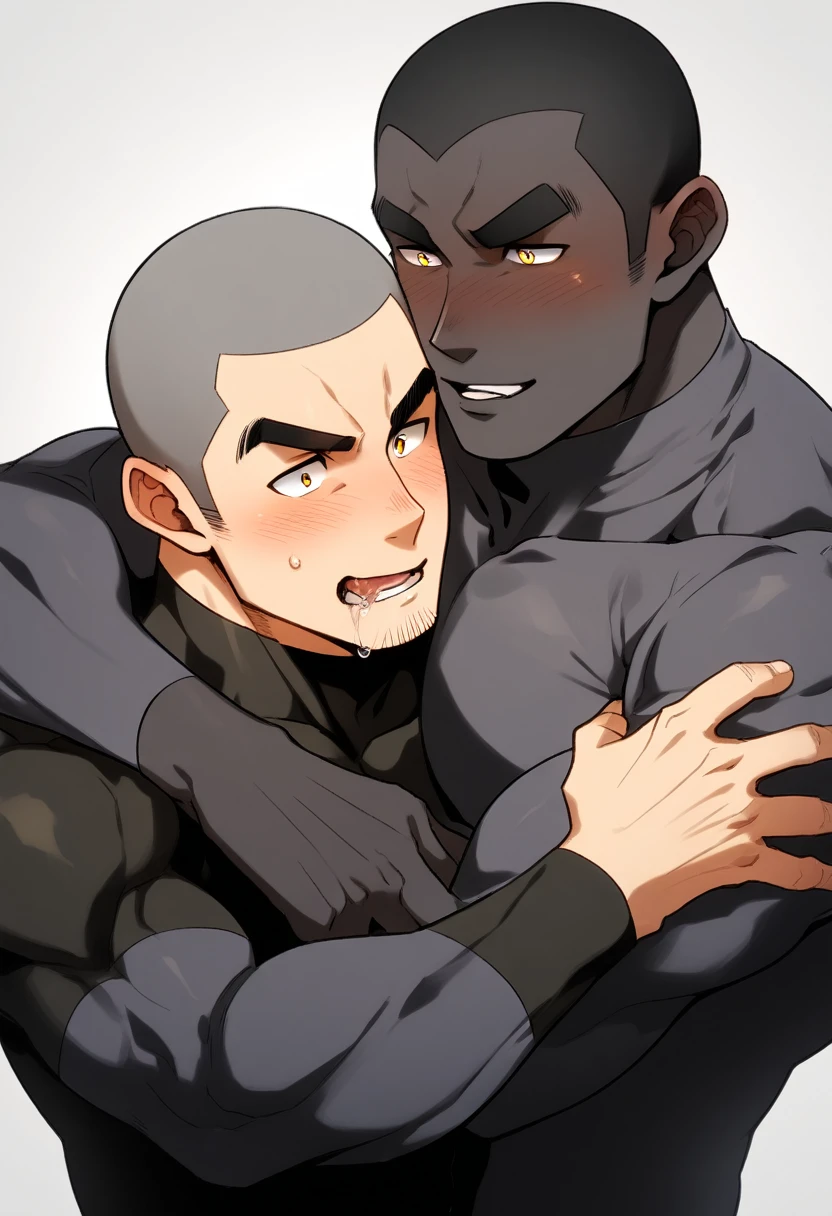 anime characters：Two superheroes in tights, Muscle superhero,Buzz Cut, ????? black skin, They hugged and kissed each other, Bite your neck, Caress, Manliness, male focus, Yellow and black high collar long sleeve tight T-shirt, Slightly transparent material, Very tight, Round, full and perky chest muscles, Male dog waist, Slightly transparent, muscular male, muscular, only, Upper body, alone, Buzz Cut, Thick eyebrows, stubble, Yellow eyes, Grey background, simple background, amazing quality, best aesthetics, Ridiculous, bright pupils, crew cut, parted lips, torogao, naughty face, blush, saliva trail, drop shadow, best quality