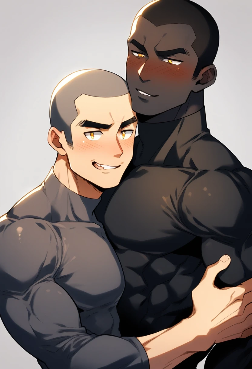 anime characters:Two superheroes in tights, Muscle superhero,Buzz Cut, negro black skin, They hugged and kissed each other, Bite your neck, Caress, Manliness, male focus, Yellow and black high collar long sleeve tight T-shirt, Slightly transparent material, Very tight, Round, full and perky chest muscles, Male dog waist, Slightly transparent, muscular male, muscular, only, Upper body, alone, Buzz Cut, Thick eyebrows, stubble, Yellow eyes, Grey background, simple background, amazing quality, best aesthetics, Ridiculous, bright pupils, crew cut, parted lips, torogao, naughty face, blush, saliva trail, drop shadow, best quality