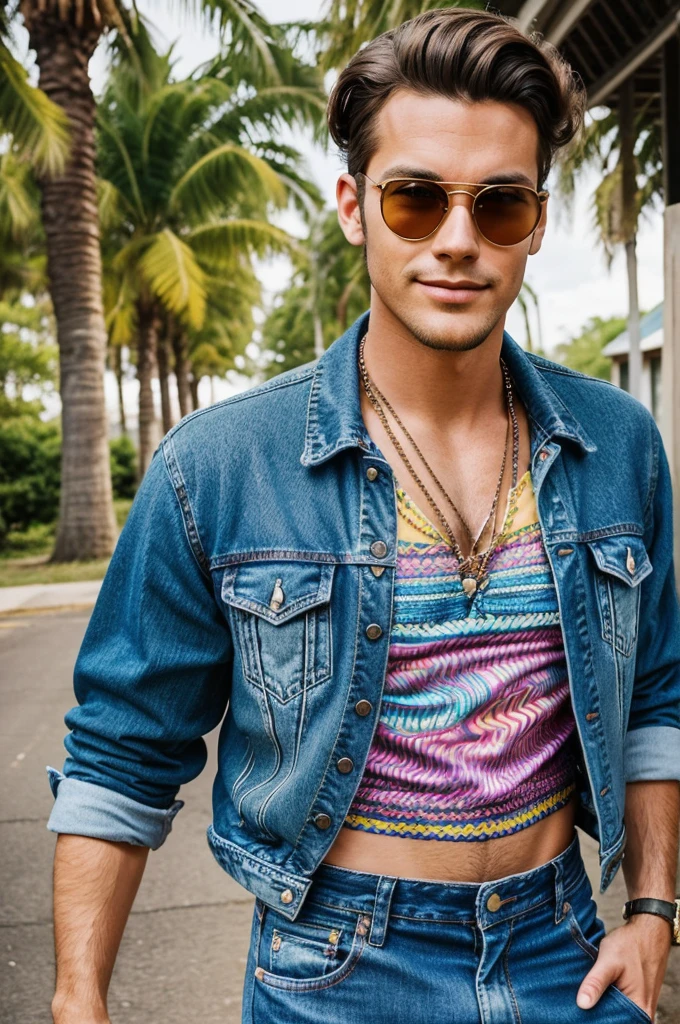 Create a hyper-realistic close-up photo of a young man inspired by the retro aesthetic of the 1960s and 1970s. He is dressed in vintage-inspired attire such as a psychedelic-patterned shirt or a denim jacket paired with flared jeans and accessorized with retro sunglasses. His hair is styled in a carefree manner, perhaps with a headband or adorned with a colorful bandana. The background captures the essence of a bohemian music festival or a serene natural setting, emphasizing the laid-back and free-spirited vibe of the era. The man is smiling, facing the camera, with detailed facial features and an age appearance of around 25 years old.