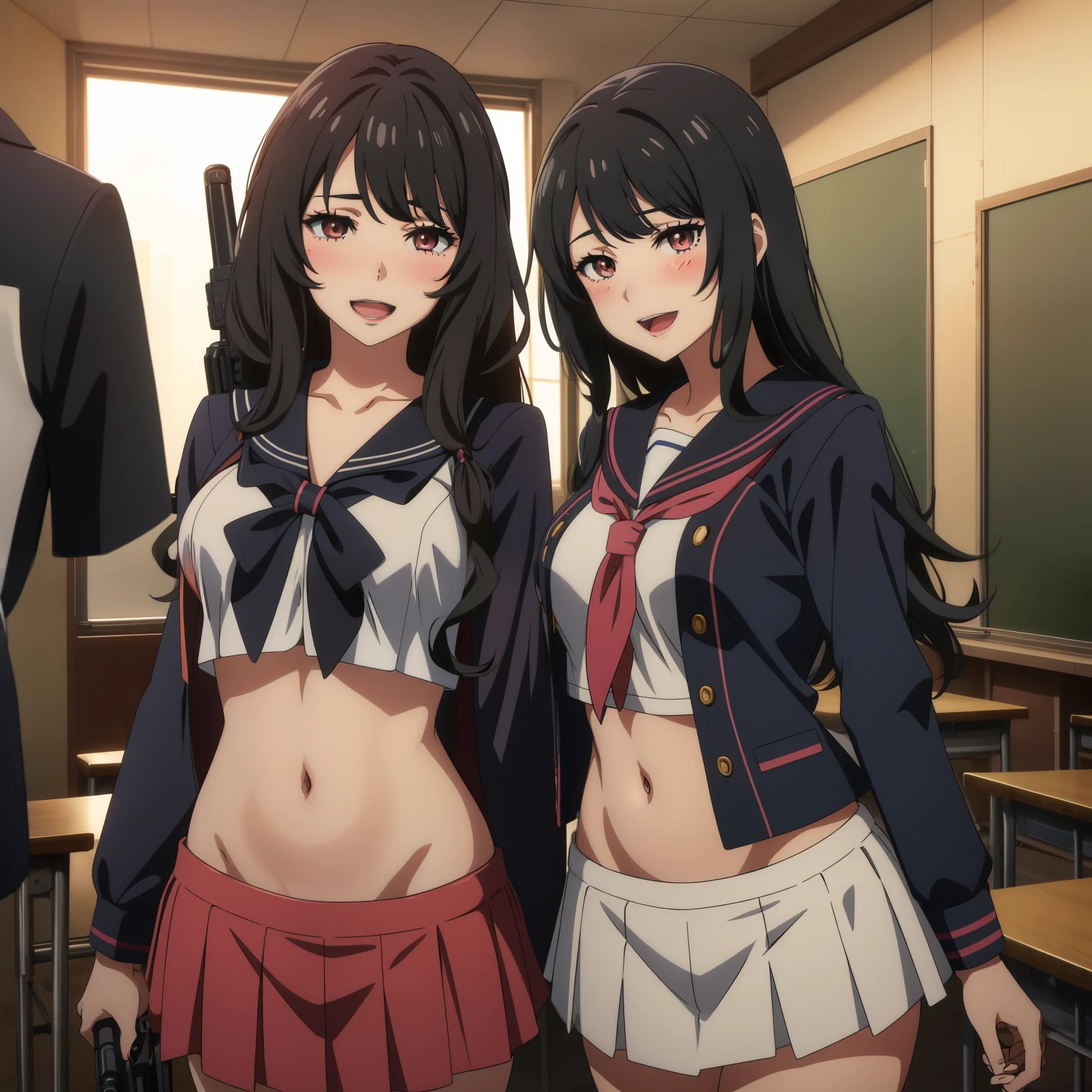 2girl, two girl ,long hair,mature female,makeup,eyelashes, blush, lipstick, masterpiece, best quality, highly detailed, a anime girls in sailor uniforms with a gun posing for a picture, evil smile, smile, open mouth,black_serafuku, ecchi anime style, anime girls , ecchi style, ecchi, shipgirls, digital anime art!!, high school girls, holding a gun, hold a gun, anime style 4 k, micro skirt, exposed belly, exposed navel, exposed midriff, exposed lower belly,school, classroom, 