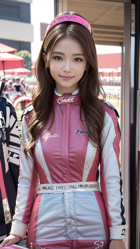 masterpiece, Highest quality, Realistic, Highly detailed CG integrates 8K, 8K,(Very beautiful face, Beautiful Lips, Beautiful Eyes), Exquisitely detailed face,1 Girl, Very beautiful girl,Exquisite eye makeup,Subtle eye detail,The best example of four fingers and one thumb,Toned figure,Nice and beautiful smile,明るいLong Hair,transparent, Quality hair,(masterpiece, Highest quality:1.2),alone,The eyes are exquisite and delicate,Brown Hair、Long Hair、Pink Lips,blue eyes,Big Breasts、Wavy Hair、(((Race Queen:1.5)))、Japanese