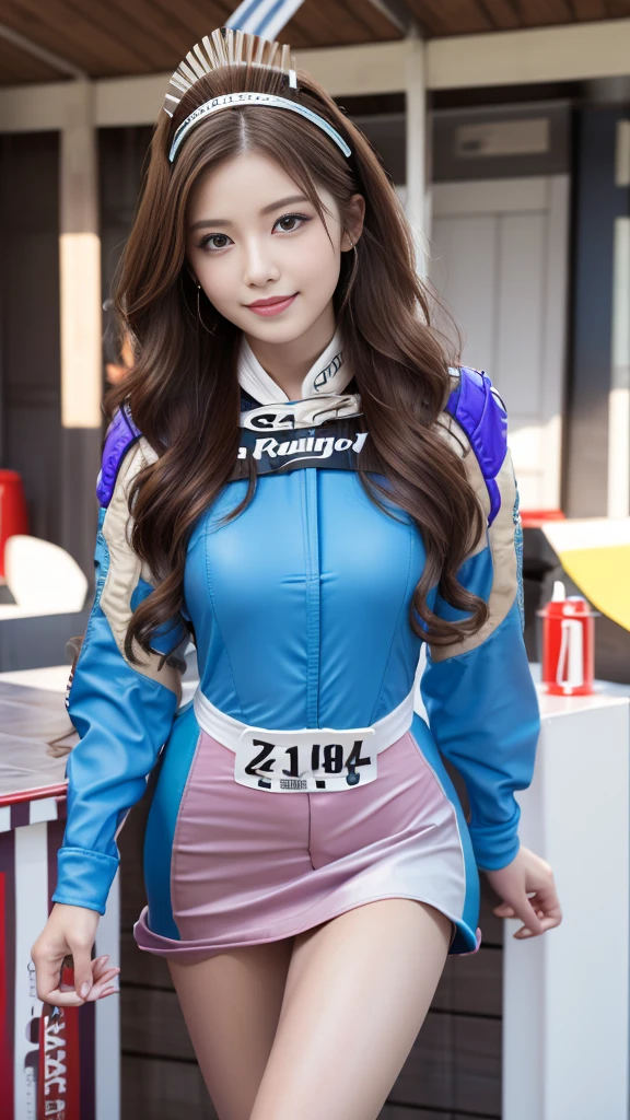 masterpiece, Highest quality, Realistic, Highly detailed CG integrates 8K, 8K,(Very beautiful face, Beautiful Lips, Beautiful Eyes), Exquisitely detailed face,1 Girl, Very beautiful girl,Exquisite eye makeup,Subtle eye detail,The best example of four fingers and one thumb,Toned figure,Nice and beautiful smile,明るいLong Hair,transparent, Quality hair,(masterpiece, Highest quality:1.2),alone,The eyes are exquisite and delicate,Brown Hair、Long Hair、Pink Lips,blue eyes,Big Breasts、Wavy Hair、(((Race Queen:1.5)))、Japanese