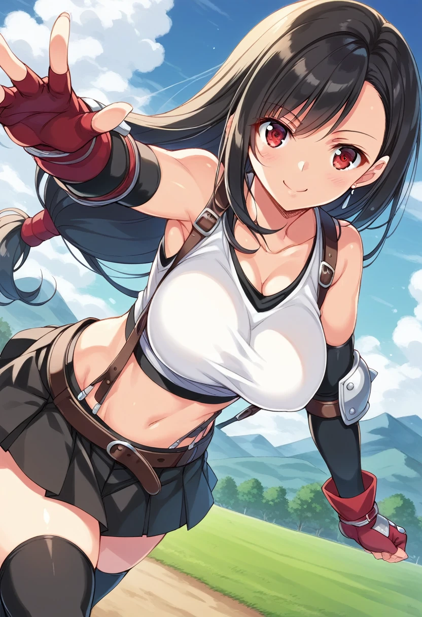 ,2010s_(style),,core_9, score_8_up, score_7_up,score_6, score_5,rating_safe BREAK , (from front),front view,Dutch angle,(breast focus),standing,(leg up,kick),(medium shot),looking_at_viewer ,1girl, tifa lockhart, final fantasy, tareme,black hair, low-tied long hair, red eyes, bangs, (white tank top, belt, pleated skirt, thighhighs, elbow fingerless gloves, elbow pads, midriff, navel,suspender skirt) ,large_breasts,(light smile),,,Solo,,(daytime and outdoor and mountain),detailed skin,beautiful,(best quality),(aesthetic,very aesthetic),studio anime,anime,highly detailed,super fine illustration,anime screencap ,soro focus,depth of field,,professional lighting,cinematic lighting