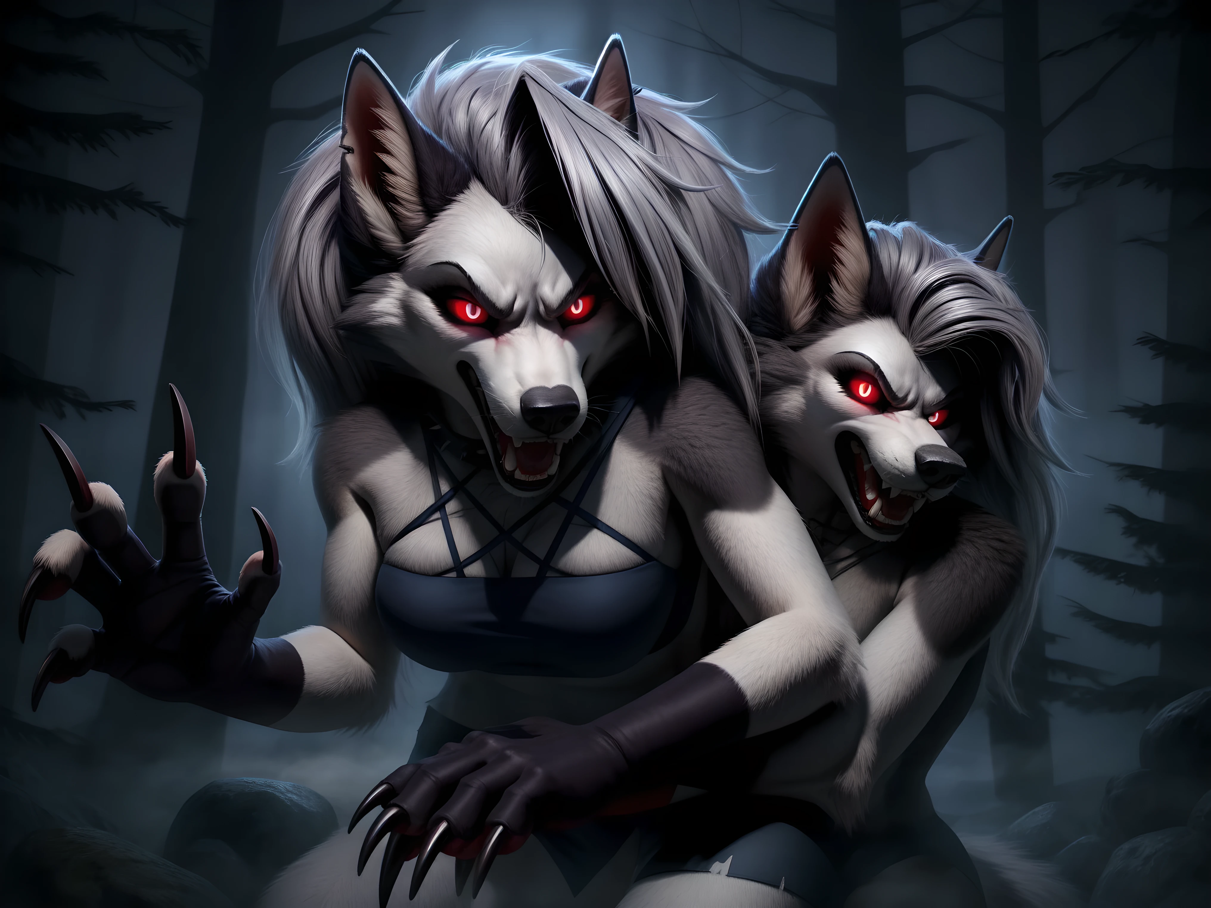 Loona, red eyes, glowing eyes, dark forest, fog, night, Peeking out from behind a tree, angry, smiling, open mouth, long claws on hand 