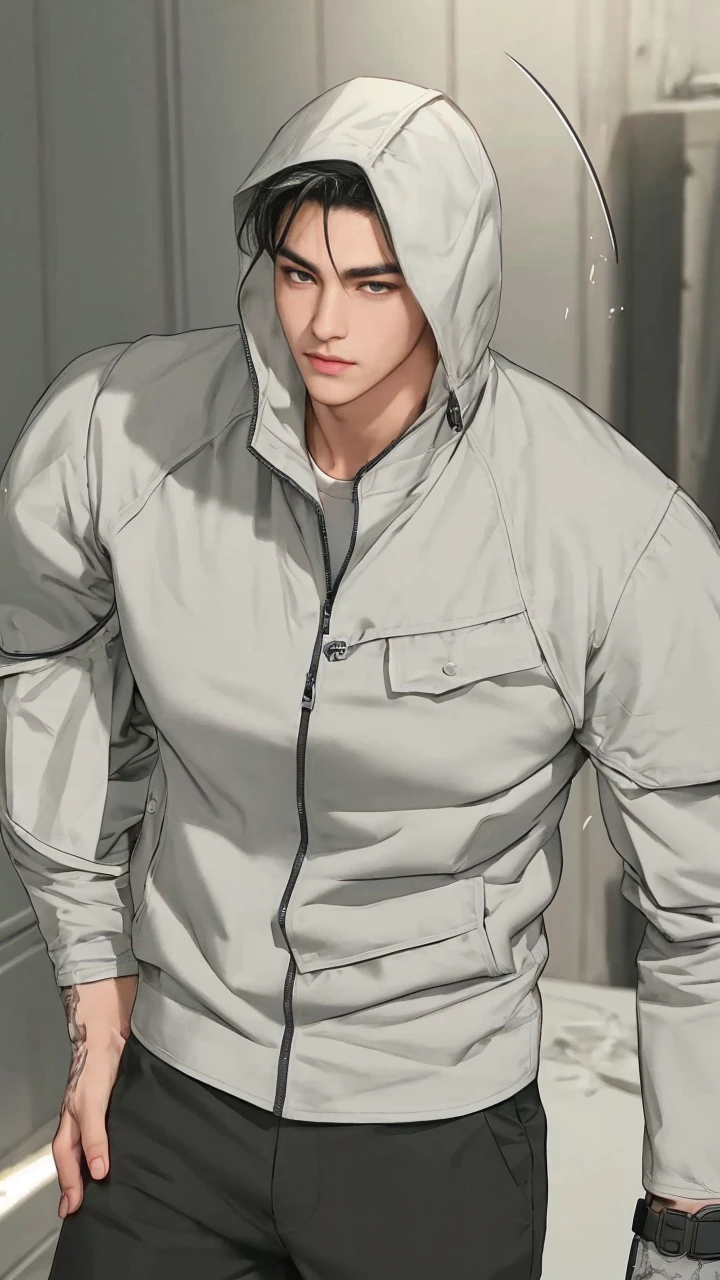 masterpiece, 1boy, adult, handsome, black hair, undercut hair, perfect face, detailed eyes and face, black eyes, clean shaved, muscular, capturing a rural atmosphere, dynamic lighting, unreal engine 5, jacket