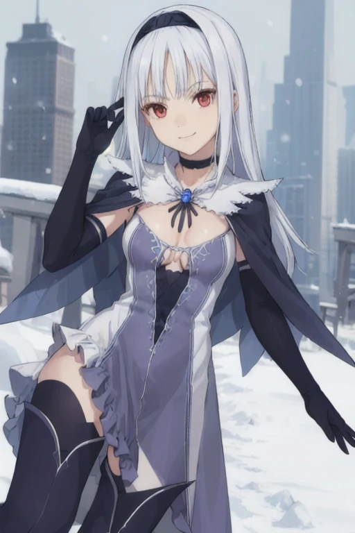 1girl, aira, blanc neige, smile, galdinius hairband, black elbow gloves, blue dress cleavage, frilled choker, black long cape, black thighhighs frills, blue gemstone, snow, city, best quality, masterpiece, looking at viewers 