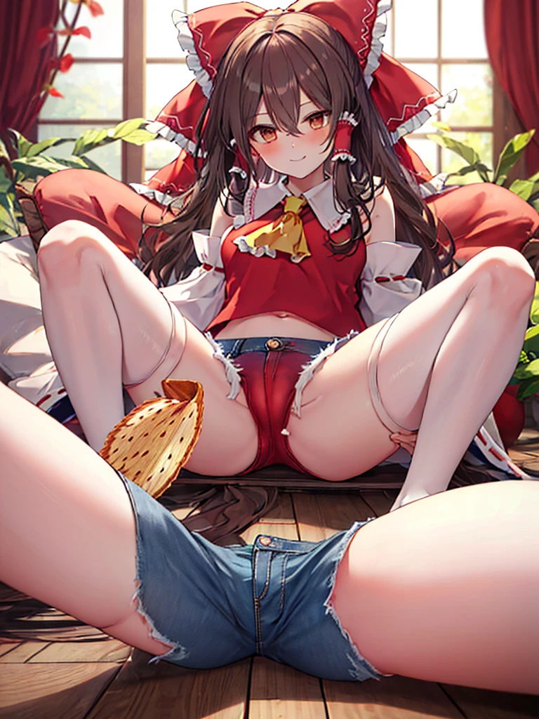 (8K, Highest quality, Highest quality, masterpiece), sit on the floor, (denim hot micro shorts), (shorts aside & vulva peek), medium breasts, ((spread legs 1:2)), (fullbody), hakurei_reimu_touhou, bow, hair_bow, hair_tubes, red_bow, brown_hair, long_hair, bangs, sidelocks, ascot, brown_eyes, frilled_bow, yellow_ascot, blush, smile, hair_between_eyes
