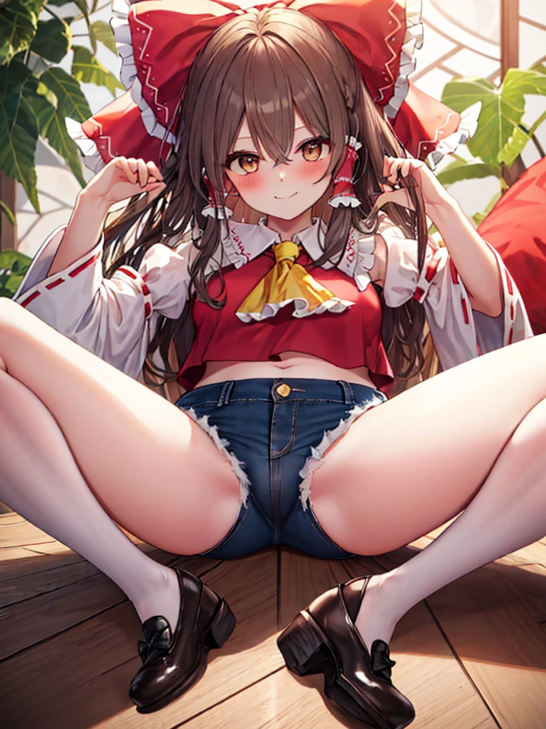 (8K, Highest quality, Highest quality, masterpiece), sit on the floor, (denim hot micro shorts), (shorts aside & vulva peek), medium breasts, ((spread legs 1:2)), (fullbody), hakurei_reimu_touhou, bow, hair_bow, hair_tubes, red_bow, brown_hair, long_hair, bangs, sidelocks, ascot, brown_eyes, frilled_bow, yellow_ascot, blush, smile, hair_between_eyes
