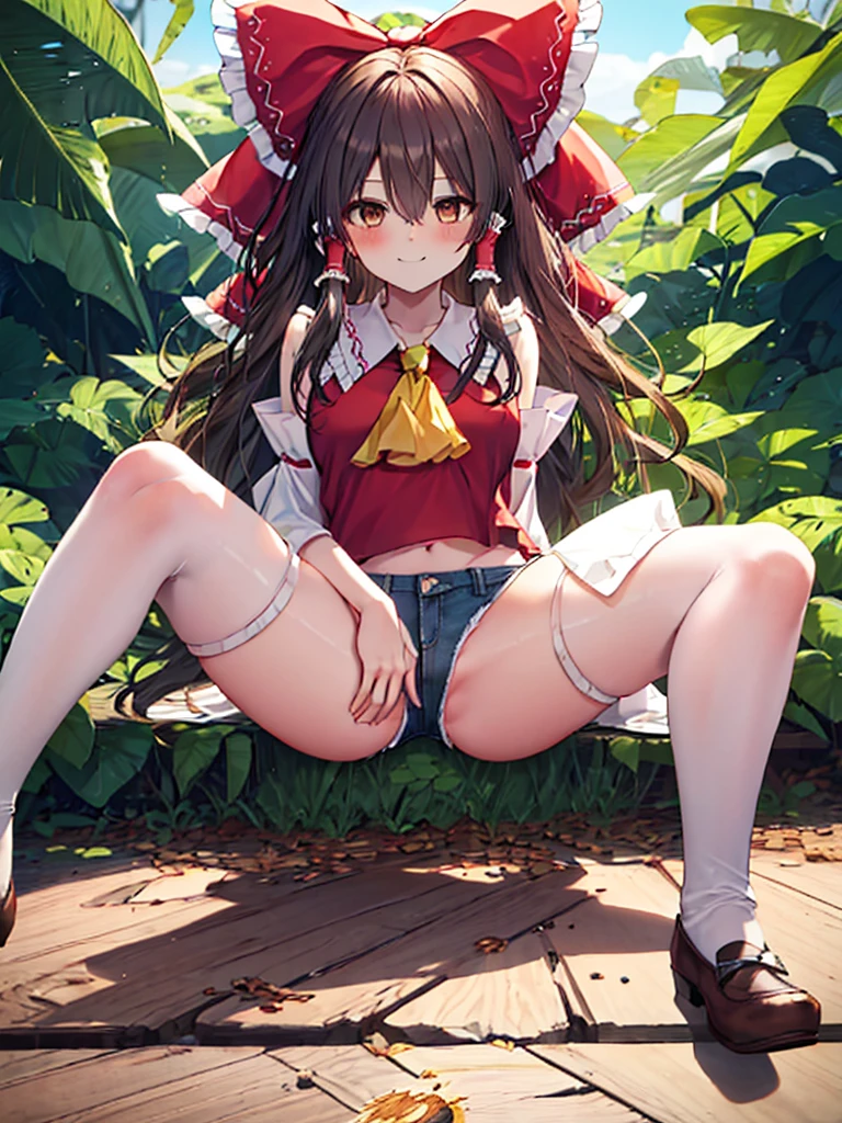 (8K, Highest quality, Highest quality, masterpiece), sit on the floor, (denim hot micro shorts), (shorts aside & vulva peek), medium breasts, ((spread legs 1:2)), (fullbody), hakurei_reimu_touhou, bow, hair_bow, hair_tubes, red_bow, brown_hair, long_hair, bangs, sidelocks, ascot, brown_eyes, frilled_bow, yellow_ascot, blush, smile, hair_between_eyes