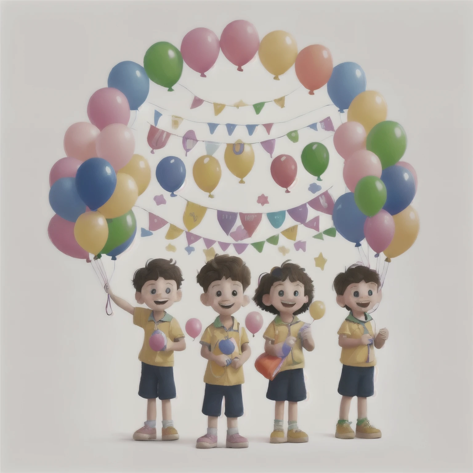 a group of children with balloons and a banner, children illustration, holding a balloon, exciting illustration, children\'s illustration, balloons, birthday , balloon, childrens illustration, illustration for children, bright happy atmosphere, at a birthday , children's illustration, cheerful atmosphere, high quality illustration, hand painted cartoon art style, cute boys, balloons, cute illustration
