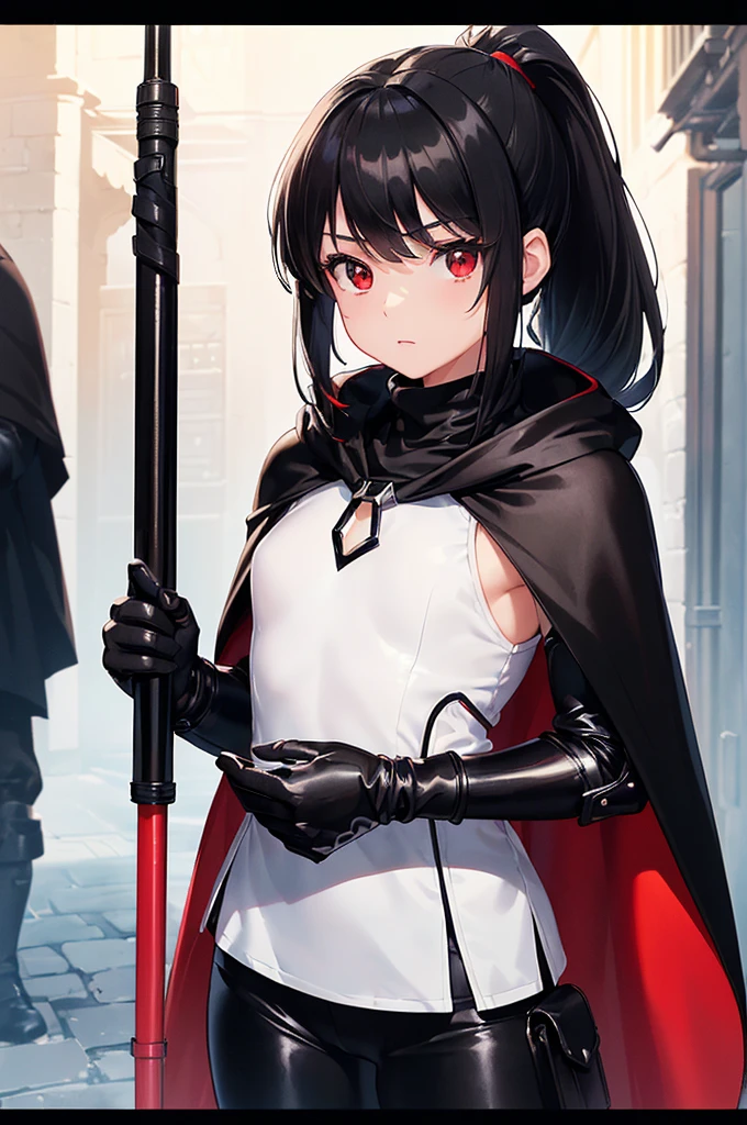 (masterpiece; best quality: 1.2), (finely detailed eyes: 1.3), (( female kid)), ((so), (red eyes: 1.4), (body; short, slender: 1.3), (black hair in ponytail: 1.3), (beautiful and clear background: 1.2), ((depth of field)), (clothes: assassin attir black turtleneck + black pants + long black hooded cape + black gloves + light armor + satchel: 1.3), (anime illustration: 1.2), (background; medieval alleyway: 1.1), (extremely fine and beautiful: 1.1), (shot composition; standing + centered on torso + close-up: 1.5), (expression; calm, stoic: 1.2)