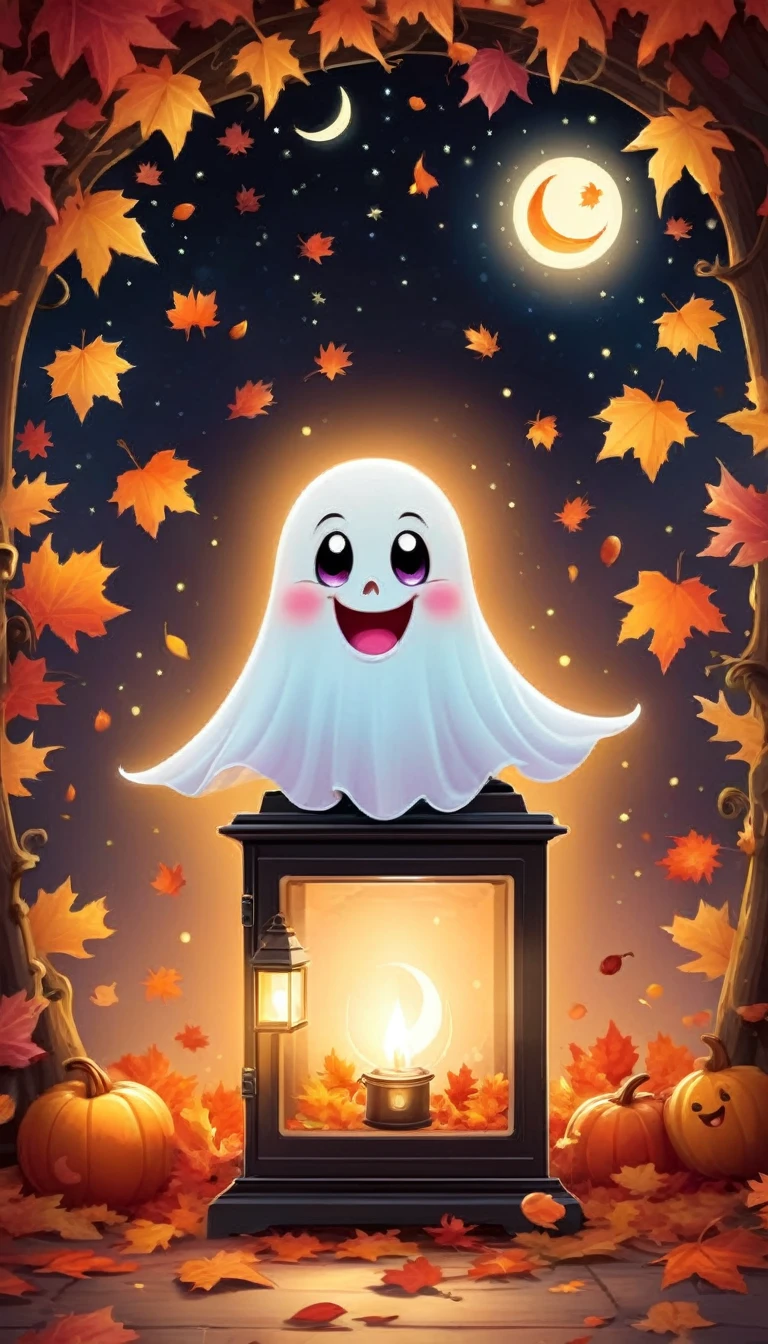 cute cartoonAF, cute cartoon, Masterpieces in up to 16K resolution, excellent quality, (A large sticker) On a modern refrigerator, Designed as a happy ghost character holding a glowing lantern, Floating in it (rich and colorful) Autumn leaves, Friendly smile and playful expression, Lanterns emit a warm and inviting glow, Night sky with twinkling stars and crescent moon, Complex Gothic symbols_detail))