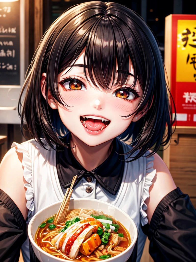Highest Resolution,Highest quality,Smiling while looking at the ramen,Girl with open mouth and saliva dripping,Black short hair,up,