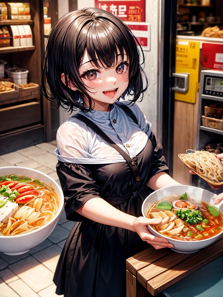 Highest Resolution,Highest quality,Smiling while looking at the ramen,Girl with open mouth and saliva dripping,Black short hair,up,