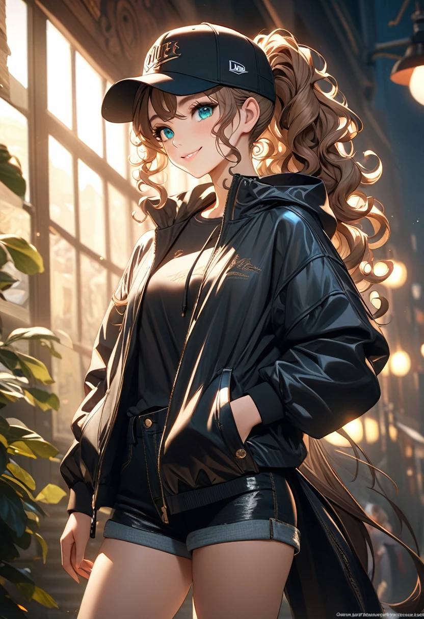 surreal main light brown hair, curly hair, ponytail, very long hair, aqua eyes, smile, Romanticism, cinematic lighting, uhd, masterpiece, anatomically correct beautiful girl wearing a handsome black long windbreaker, black denim shorts, baseball cap, sunglasses and long leather boots.Tall and bright, detailed texture description presents meaning