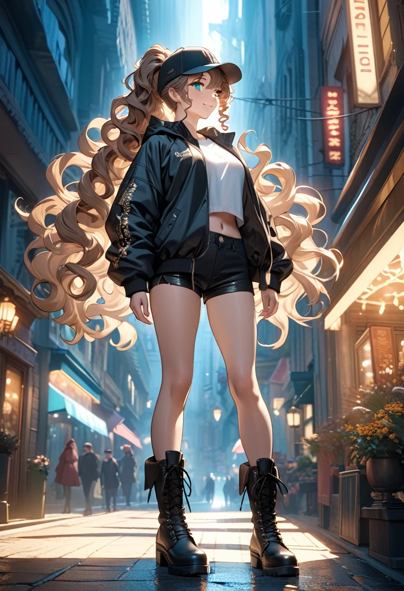 surreal main light brown hair, curly hair, ponytail, very long hair, aqua eyes, smile, Romanticism, cinematic lighting, uhd, masterpiece, anatomically correct beautiful girl wearing a handsome black long windbreaker, black denim shorts, baseball cap, sunglasses and long leather boots.Tall and bright, detailed texture description presents meaning