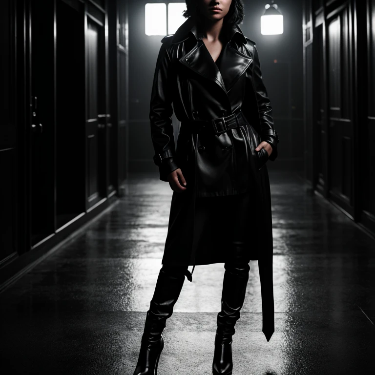 a black trench coat, detailed high fashion coat, leather texture, glossy shine, flowing fabric, cinched waist, elegant silhouette, dynamic pose, moody lighting, dramatic shadows, cinematic atmosphere, (best quality,4k,8k,highres,masterpiece:1.2),ultra-detailed,(realistic,photorealistic,photo-realistic:1.37),chiaroscuro lighting,dramatic lighting,cinematic lighting,dark and moody,film noir inspired